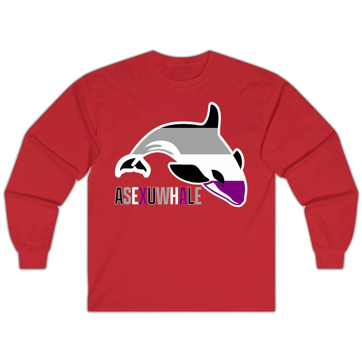 Stylized orca whale with purple accent and water splash, text reads 'ASEXUAL WHALE' in bold letters in Red