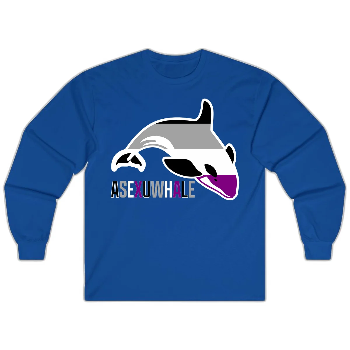 Stylized orca whale with purple accent and water splash, text reads 'ASEXUAL WHALE' in bold letters in Royal