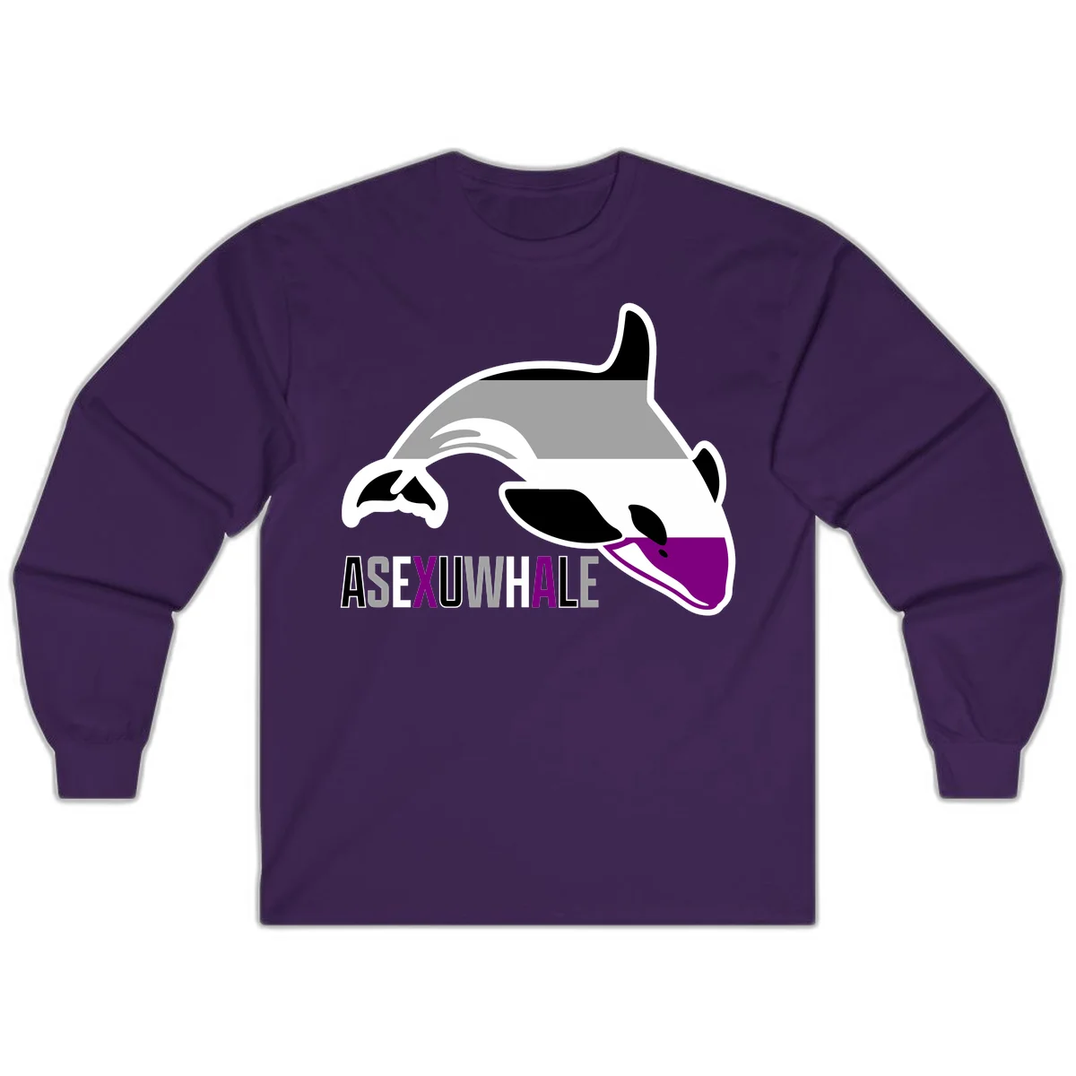 Stylized orca whale with purple accent and water splash, text reads 'ASEXUAL WHALE' in bold letters in Purple