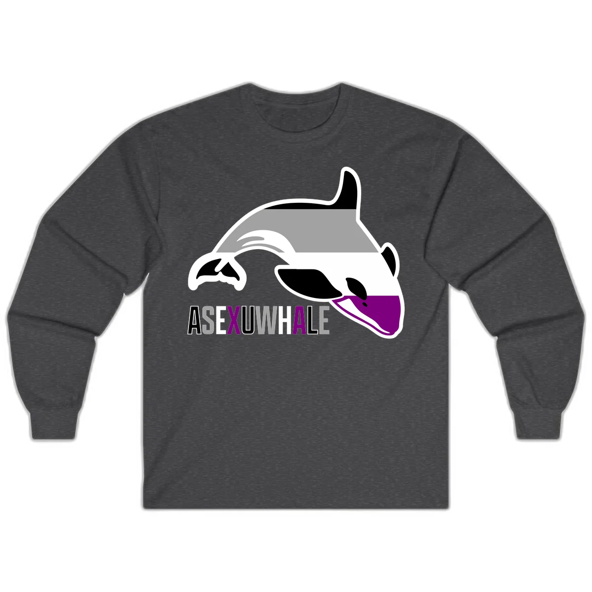 Stylized orca whale with purple accent and water splash, text reads 'ASEXUAL WHALE' in bold letters in Dark Heather