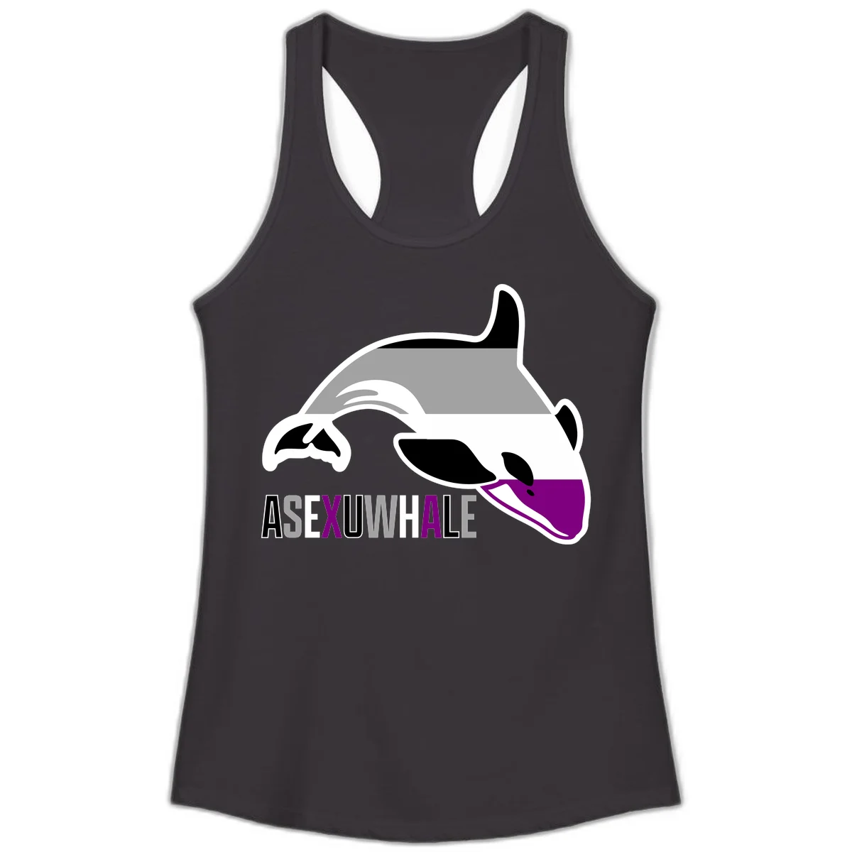 Stylized orca whale with purple accent and water splash, text reads 'ASEXUAL WHALE' in bold letters in Black