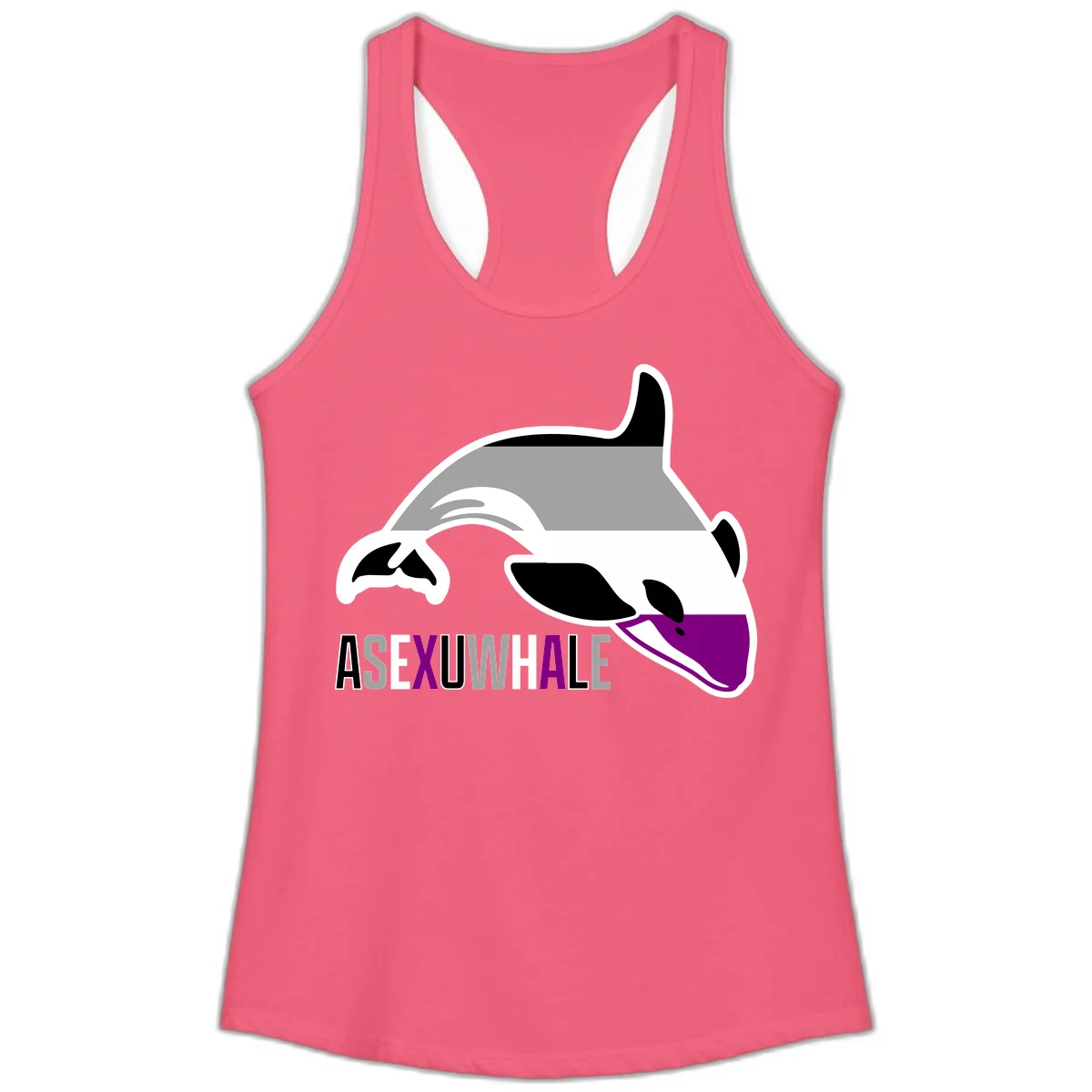Stylized orca whale with purple accent and water splash, text reads 'ASEXUAL WHALE' in bold letters in Hot Pink