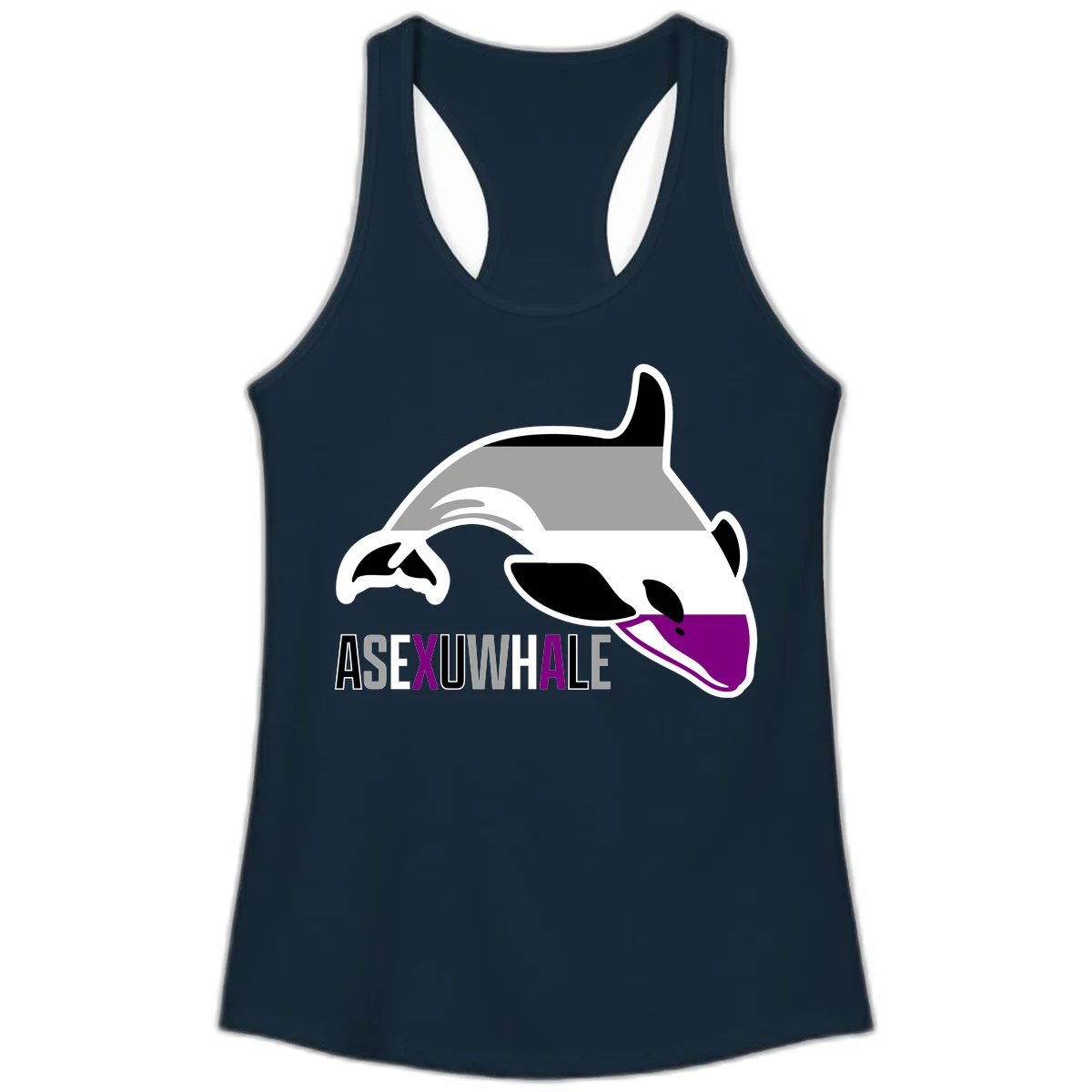Stylized orca whale with purple accent and water splash, text reads 'ASEXUAL WHALE' in bold letters in Solid Midnight Navy