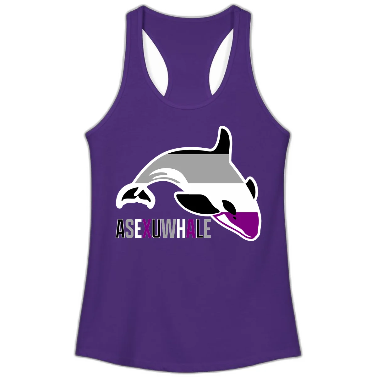 Stylized orca whale with purple accent and water splash, text reads 'ASEXUAL WHALE' in bold letters in Solid Purple Rush