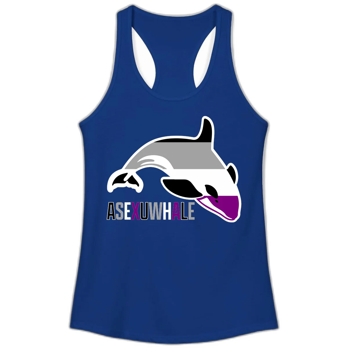 Stylized orca whale with purple accent and water splash, text reads 'ASEXUAL WHALE' in bold letters in Solid Royal