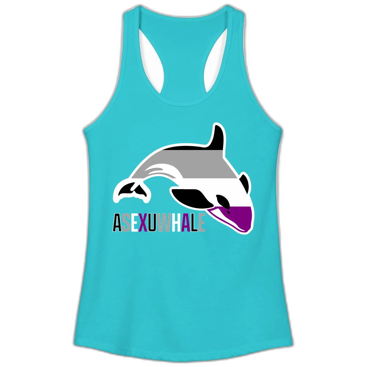 Stylized orca whale with purple accent and water splash, text reads 'ASEXUAL WHALE' in bold letters in Solid Tahiti Blue