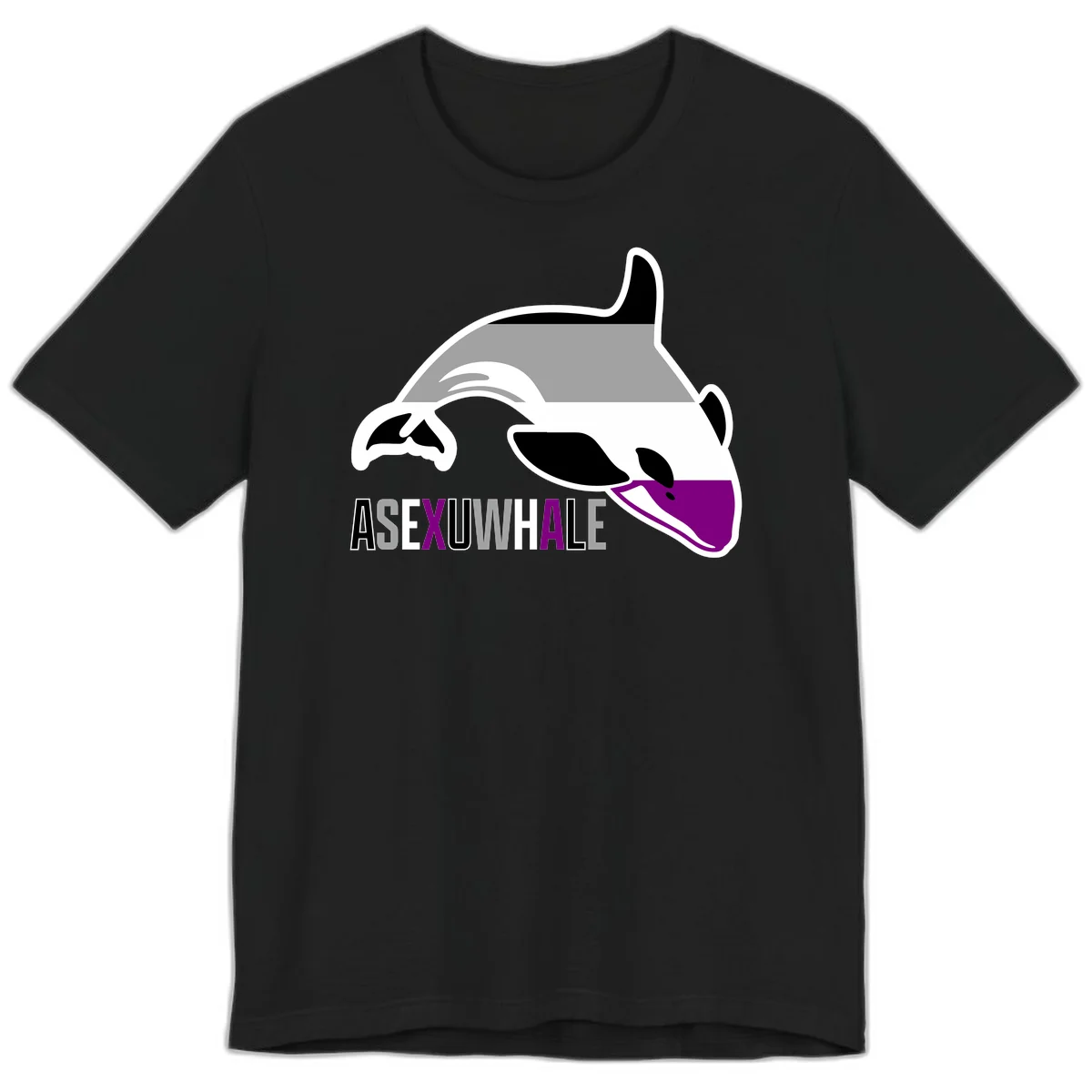 Stylized orca whale with purple accent and water splash, text reads 'ASEXUAL WHALE' in bold letters in Black