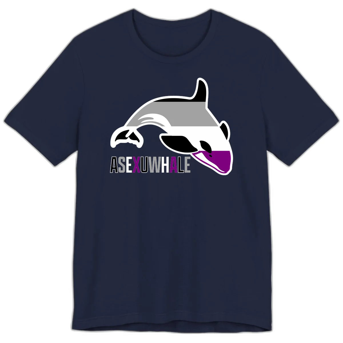 Stylized orca whale with purple accent and water splash, text reads 'ASEXUAL WHALE' in bold letters in Navy