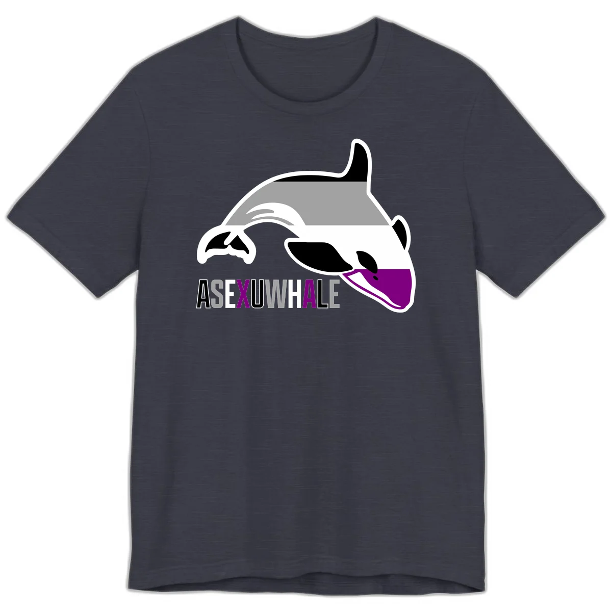 Stylized orca whale with purple accent and water splash, text reads 'ASEXUAL WHALE' in bold letters in Heather Midnight Navy