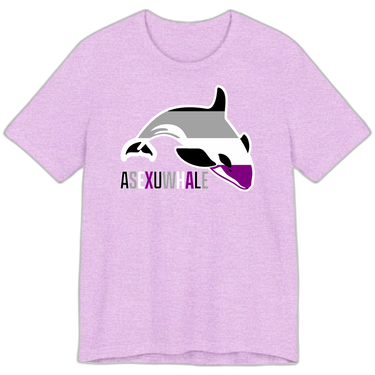 Stylized orca whale with purple accent and water splash, text reads 'ASEXUAL WHALE' in bold letters in Heather Prism Lilac