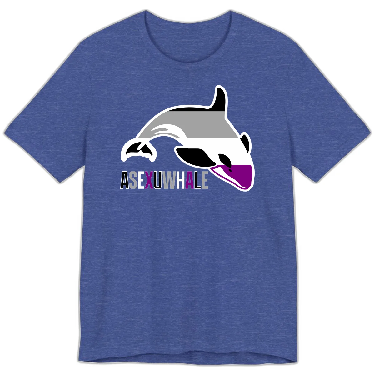 Stylized orca whale with purple accent and water splash, text reads 'ASEXUAL WHALE' in bold letters in Heather True Royal