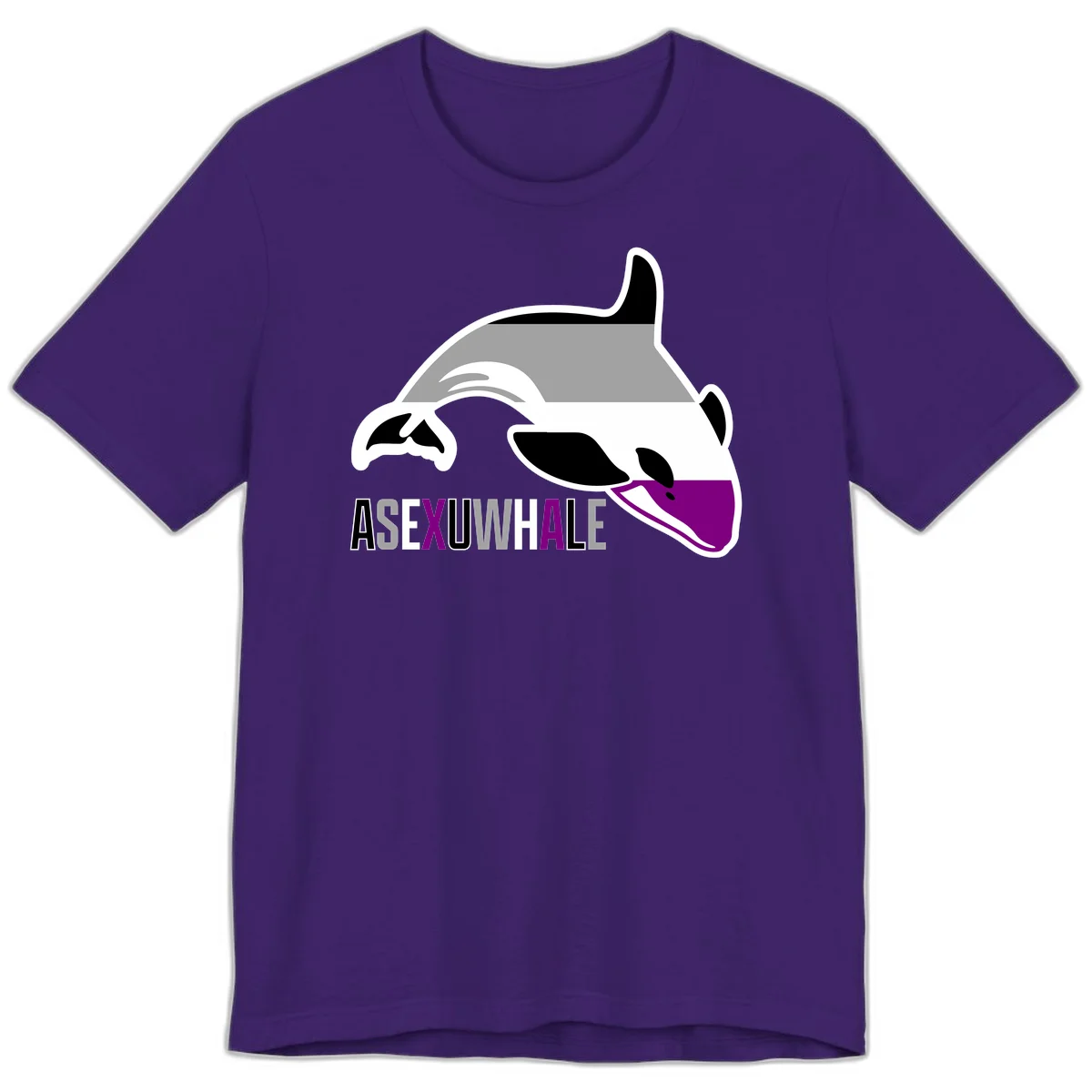 Stylized orca whale with purple accent and water splash, text reads 'ASEXUAL WHALE' in bold letters in Team Purple