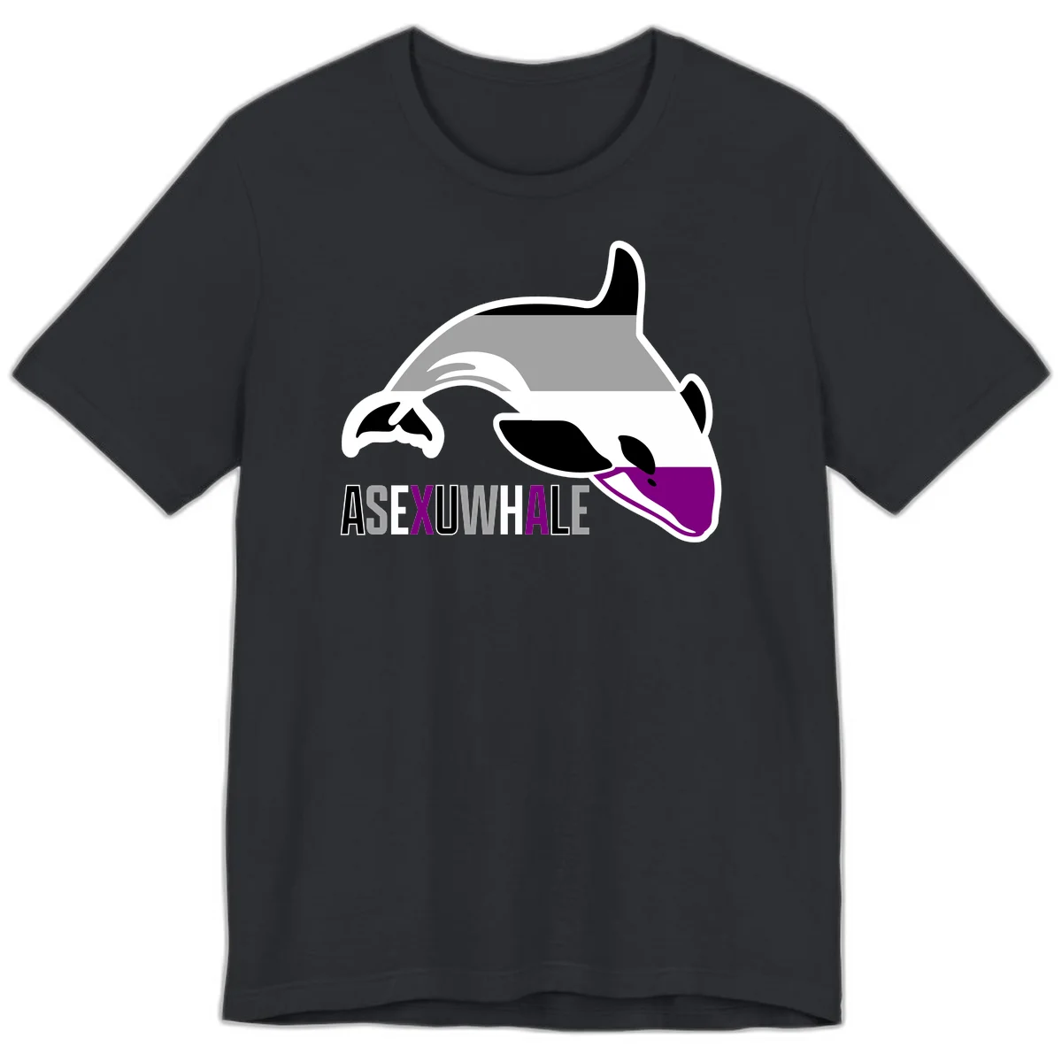 Stylized orca whale with purple accent and water splash, text reads 'ASEXUAL WHALE' in bold letters in Vintage Black