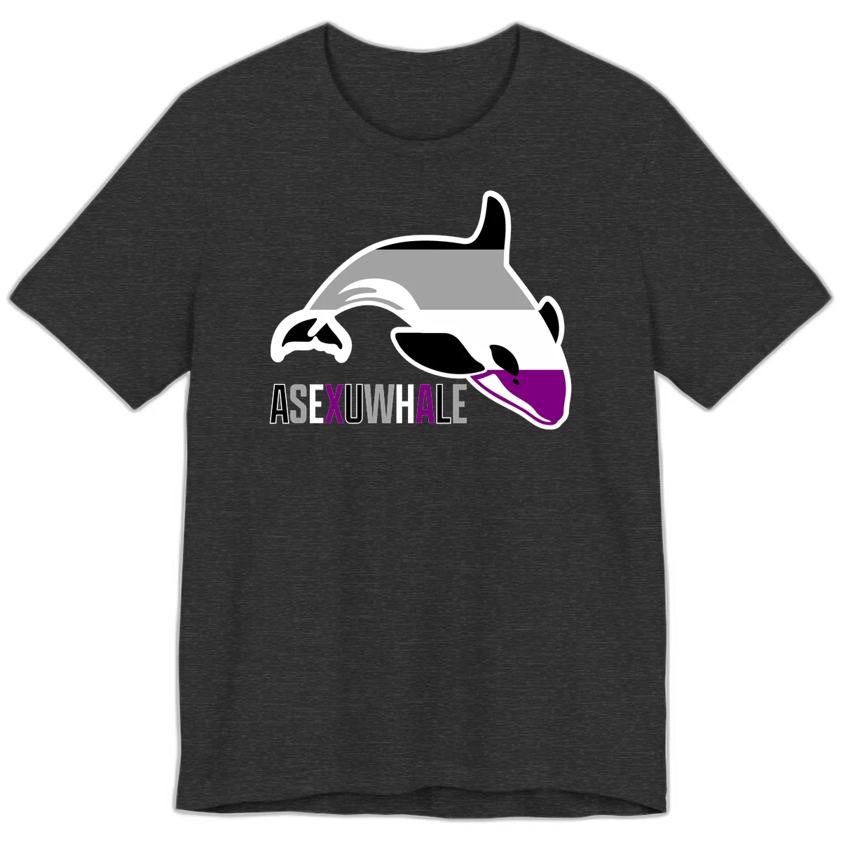 Stylized orca whale with purple accent and water splash, text reads 'ASEXUAL WHALE' in bold letters in Dark Grey Heather