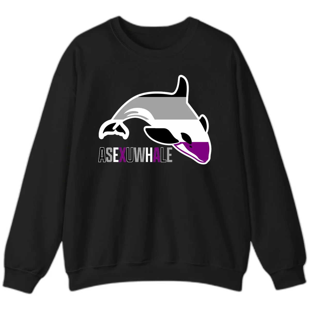 Stylized orca whale with purple accent and water splash, text reads 'ASEXUAL WHALE' in bold letters in Black
