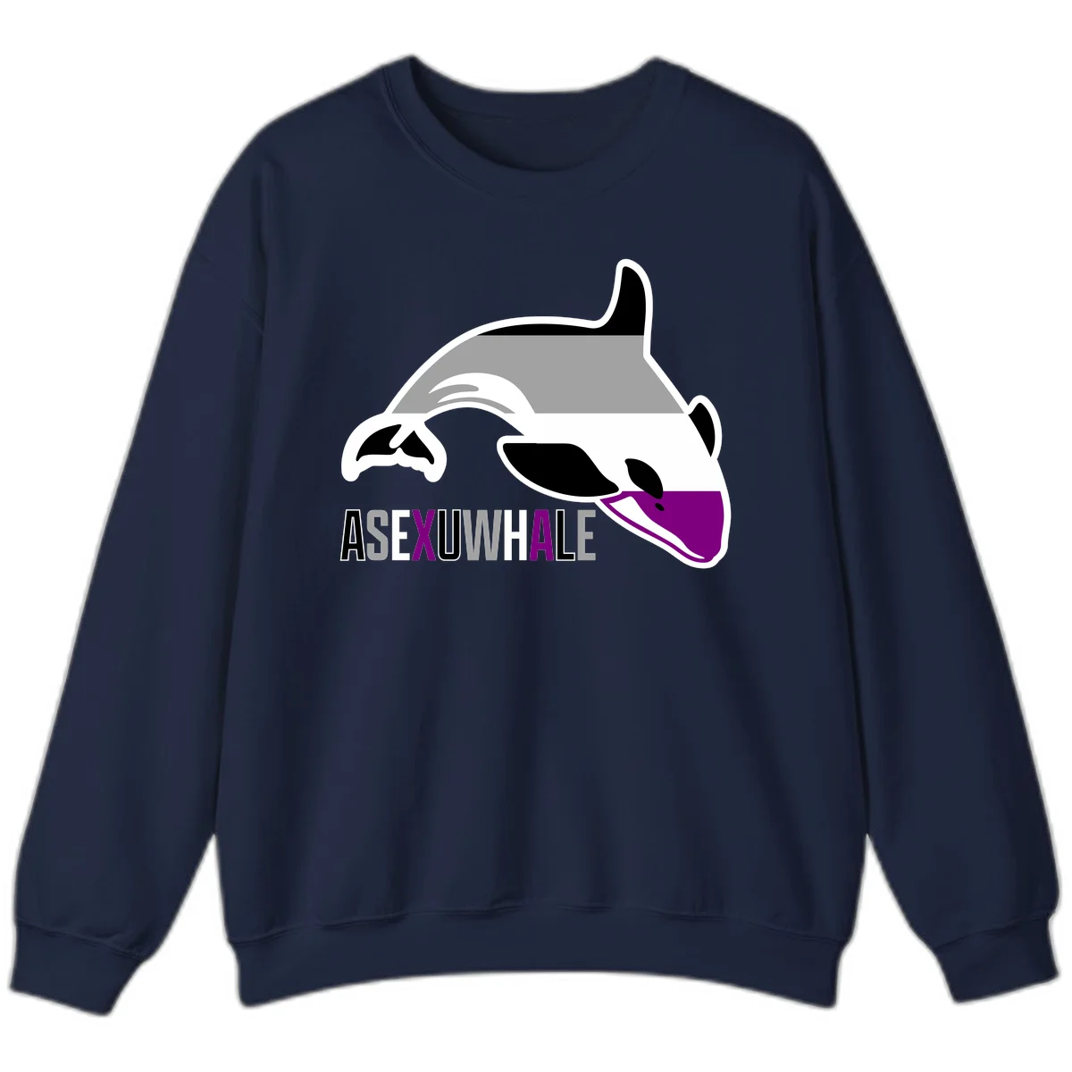 Stylized orca whale with purple accent and water splash, text reads 'ASEXUAL WHALE' in bold letters in Navy