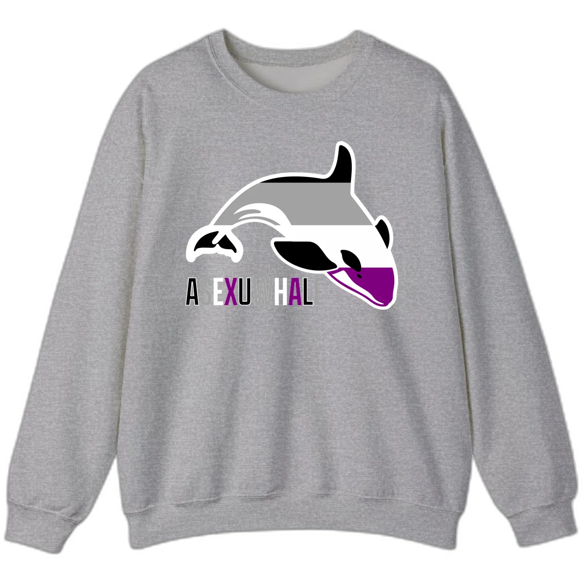 Stylized orca whale with purple accent and water splash, text reads 'ASEXUAL WHALE' in bold letters in Sport Grey