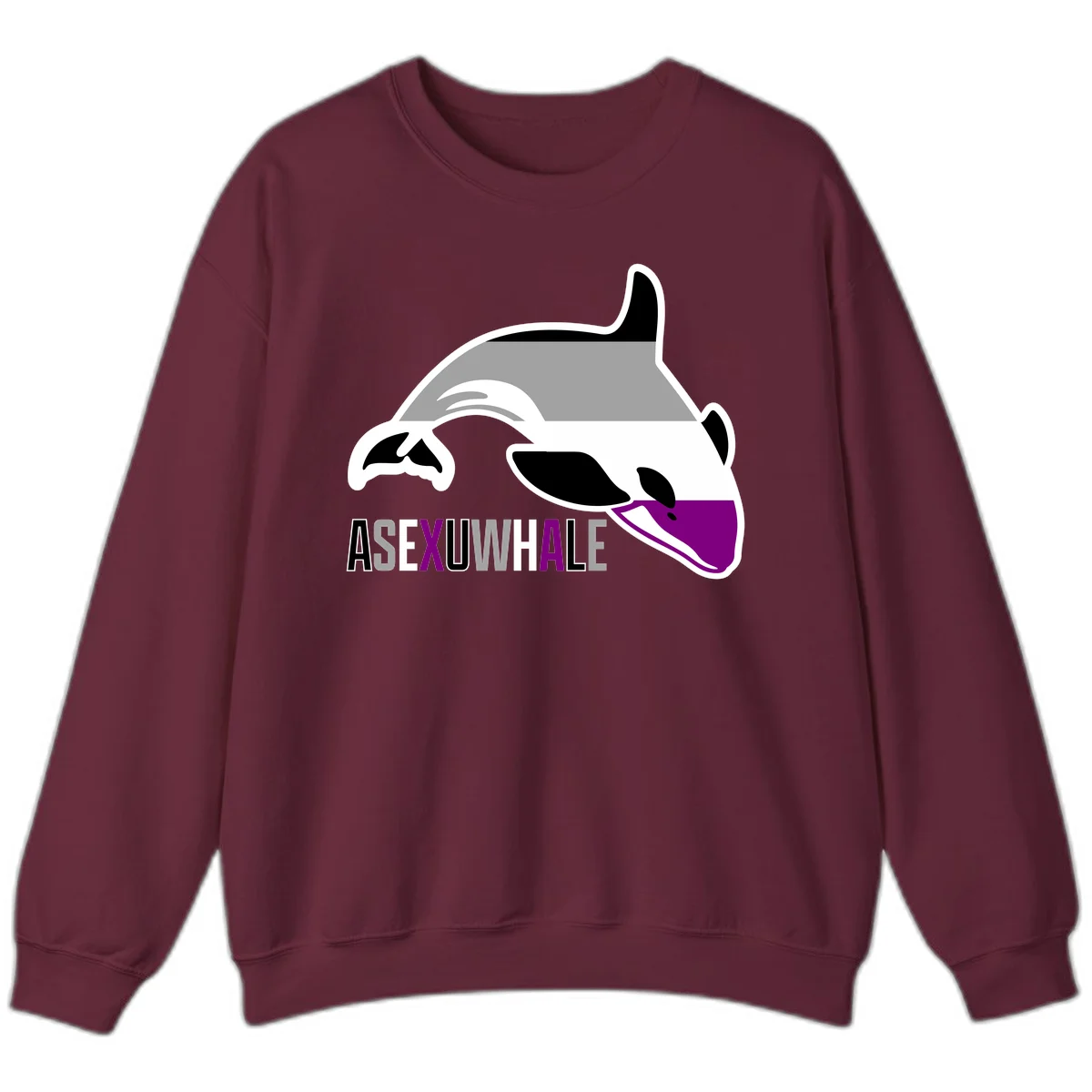 Stylized orca whale with purple accent and water splash, text reads 'ASEXUAL WHALE' in bold letters in Maroon