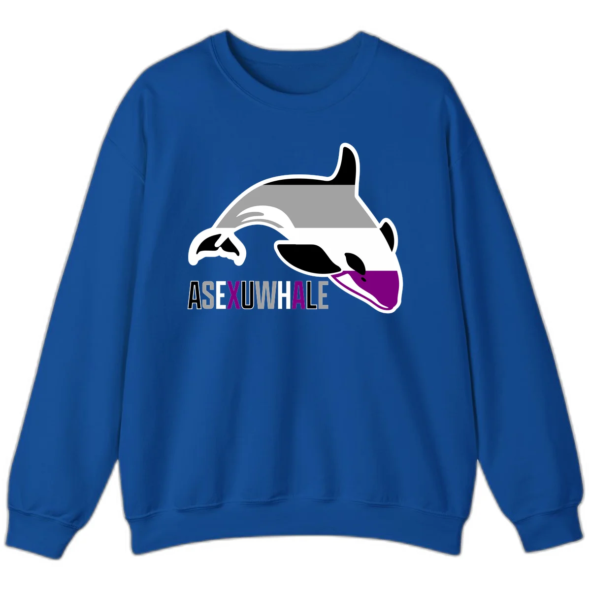 Stylized orca whale with purple accent and water splash, text reads 'ASEXUAL WHALE' in bold letters in Royal