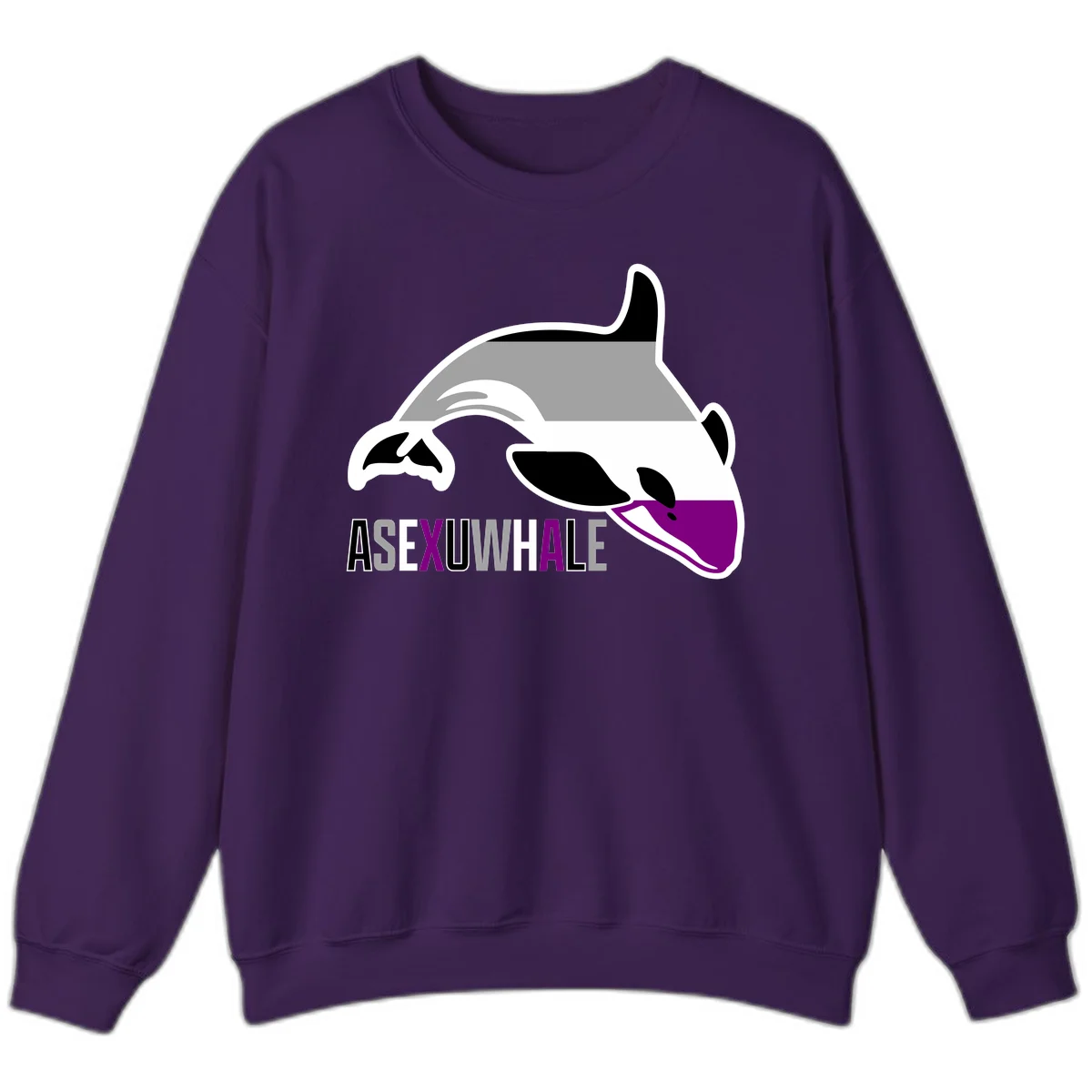 Stylized orca whale with purple accent and water splash, text reads 'ASEXUAL WHALE' in bold letters in Purple