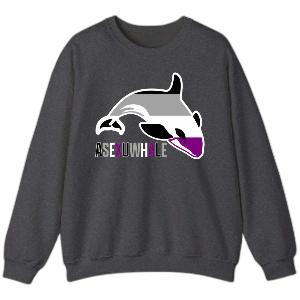 Stylized orca whale with purple accent and water splash, text reads 'ASEXUAL WHALE' in bold letters in Dark Heather