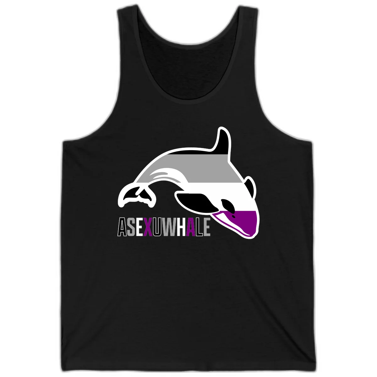 Stylized orca whale with purple accent and water splash, text reads 'ASEXUAL WHALE' in bold letters in Black