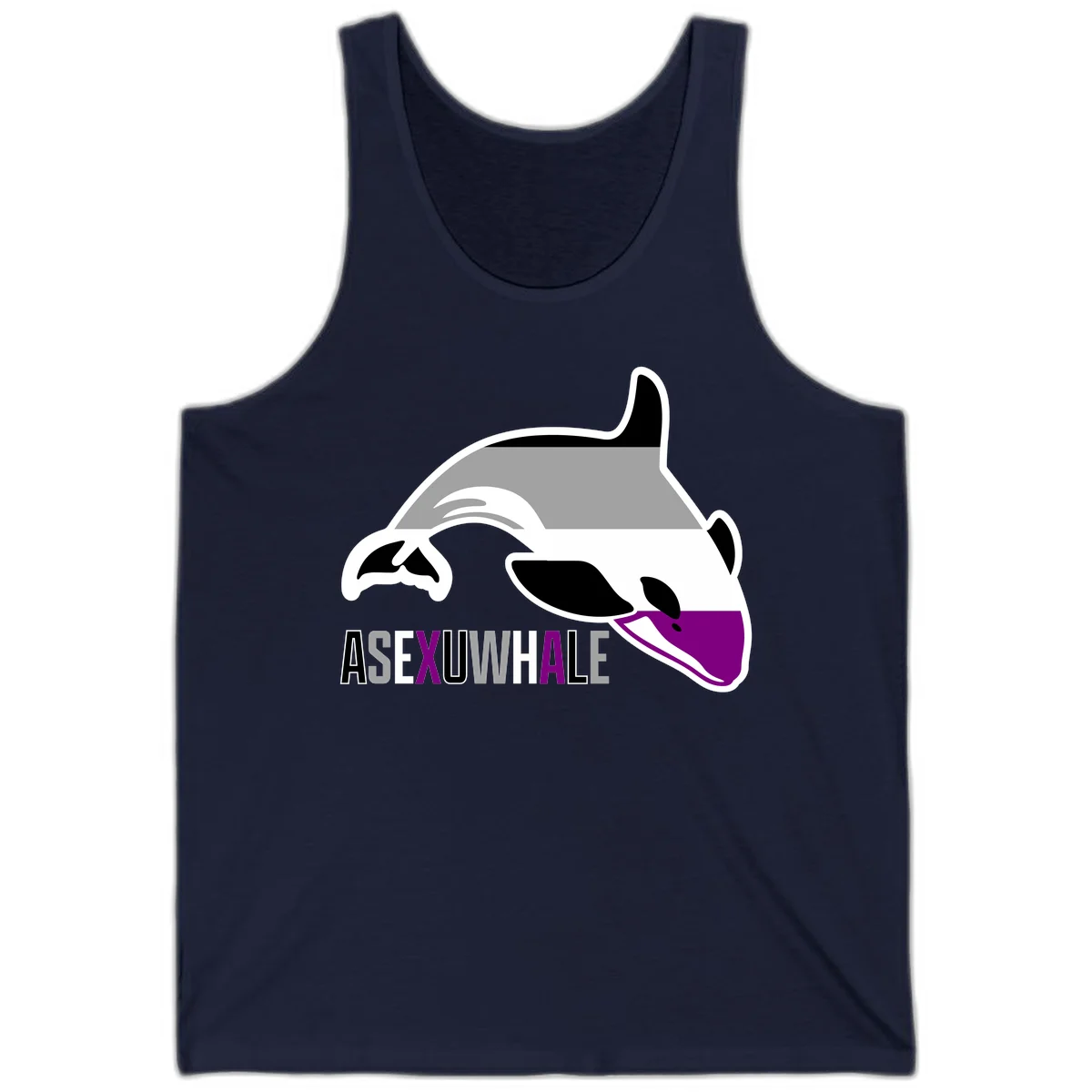 Stylized orca whale with purple accent and water splash, text reads 'ASEXUAL WHALE' in bold letters in Navy