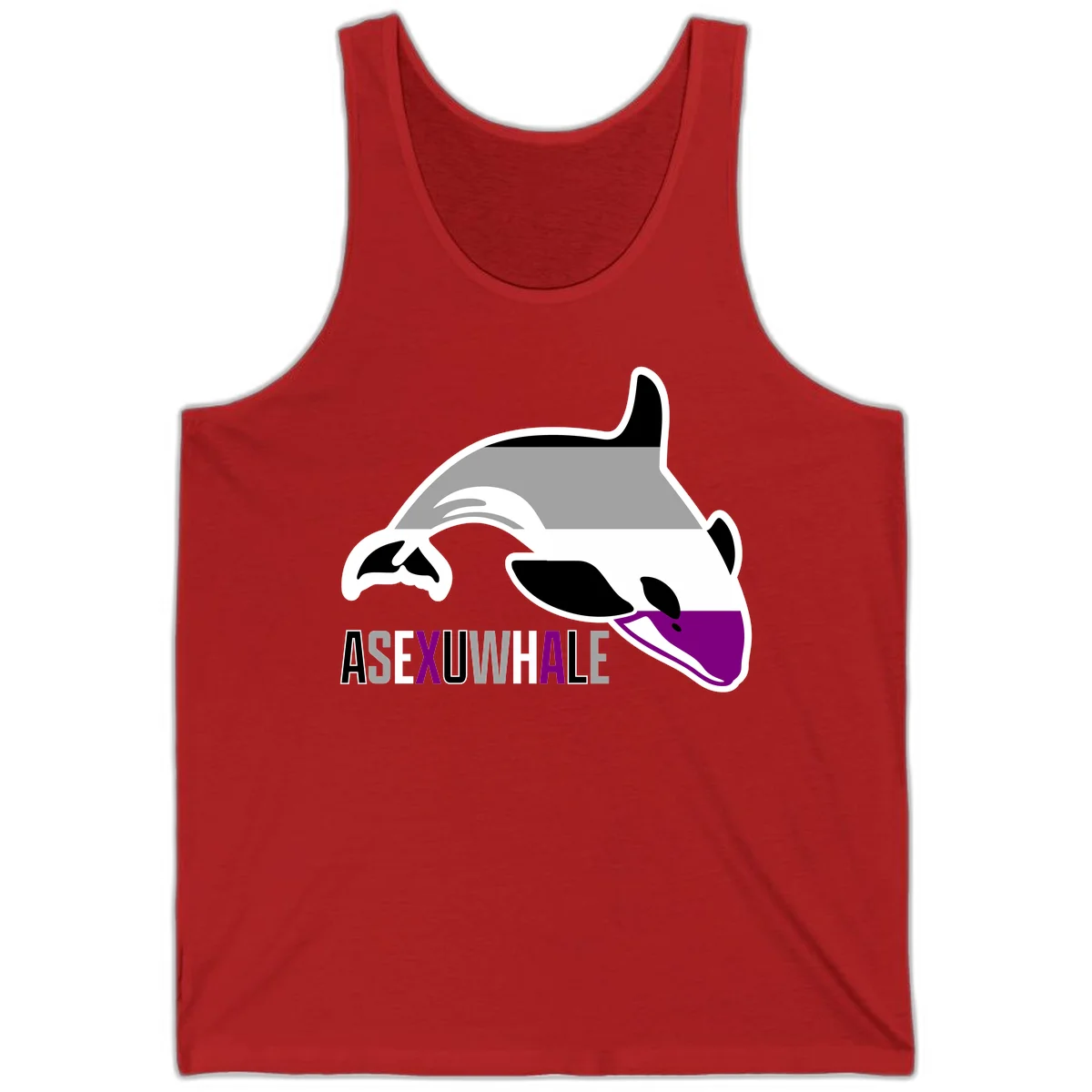 Stylized orca whale with purple accent and water splash, text reads 'ASEXUAL WHALE' in bold letters in Red