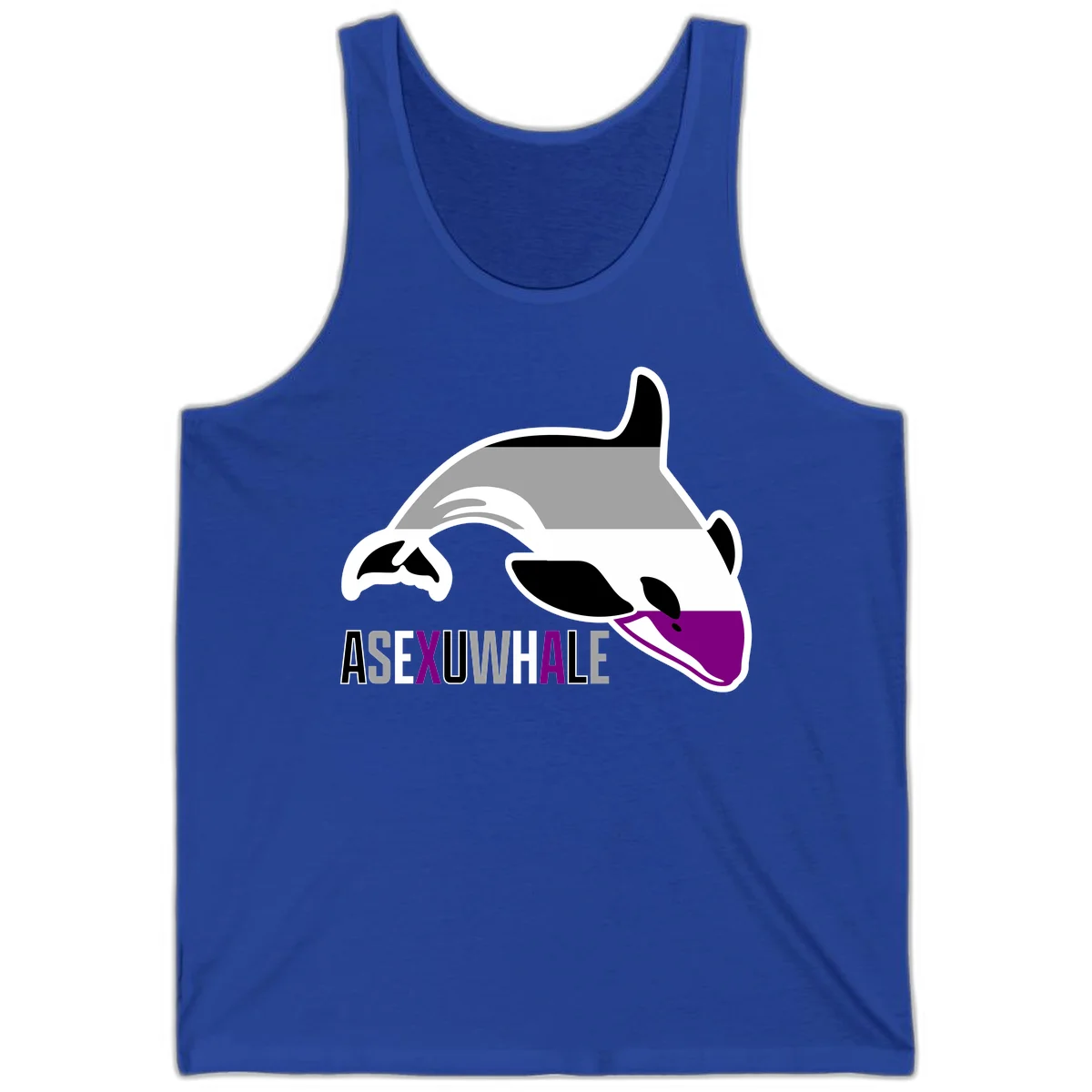 Stylized orca whale with purple accent and water splash, text reads 'ASEXUAL WHALE' in bold letters in True Royal