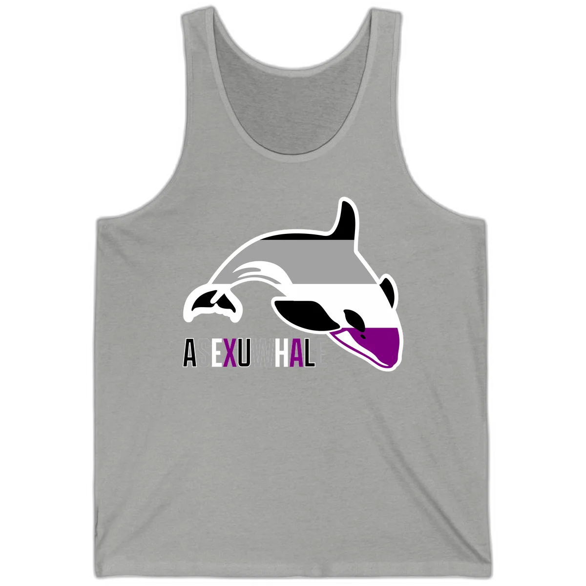 Stylized orca whale with purple accent and water splash, text reads 'ASEXUAL WHALE' in bold letters in Athletic Heather