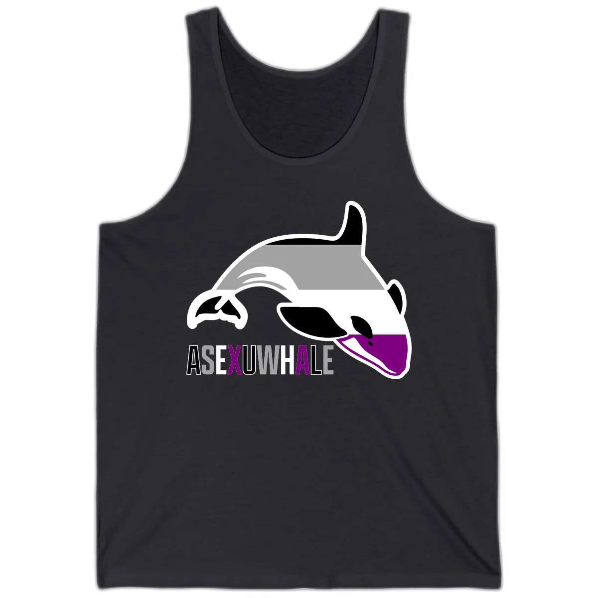Stylized orca whale with purple accent and water splash, text reads 'ASEXUAL WHALE' in bold letters in Dark Grey