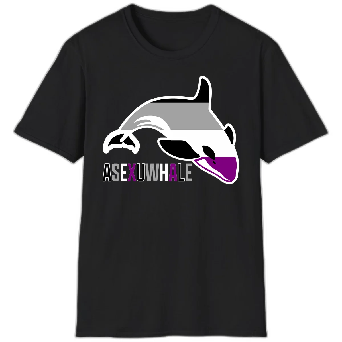 Stylized orca whale with purple accent and water splash, text reads 'ASEXUAL WHALE' in bold letters in Black