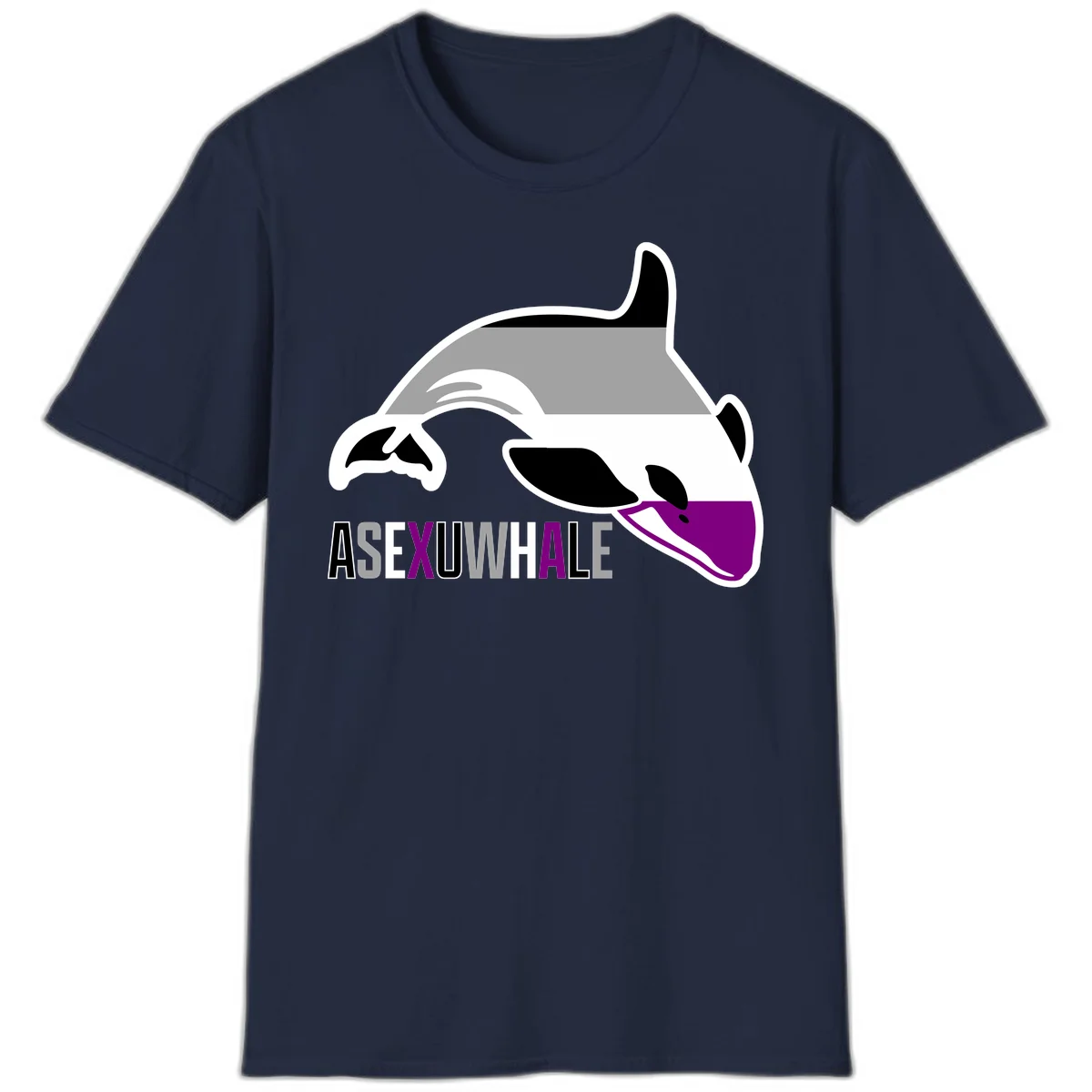 Stylized orca whale with purple accent and water splash, text reads 'ASEXUAL WHALE' in bold letters in Navy