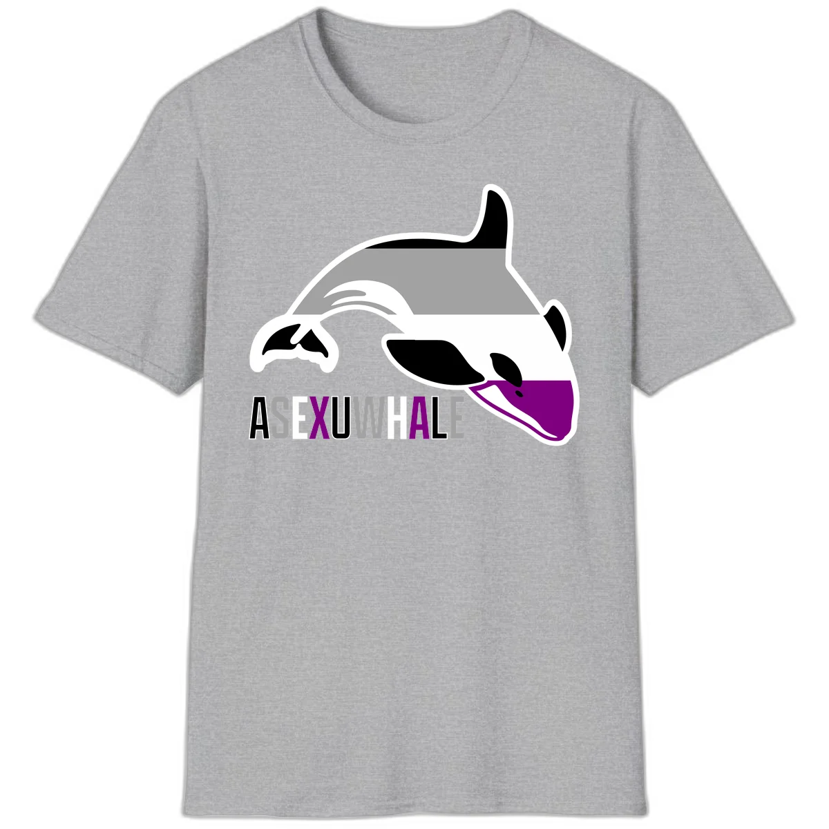 Stylized orca whale with purple accent and water splash, text reads 'ASEXUAL WHALE' in bold letters in Sport Grey