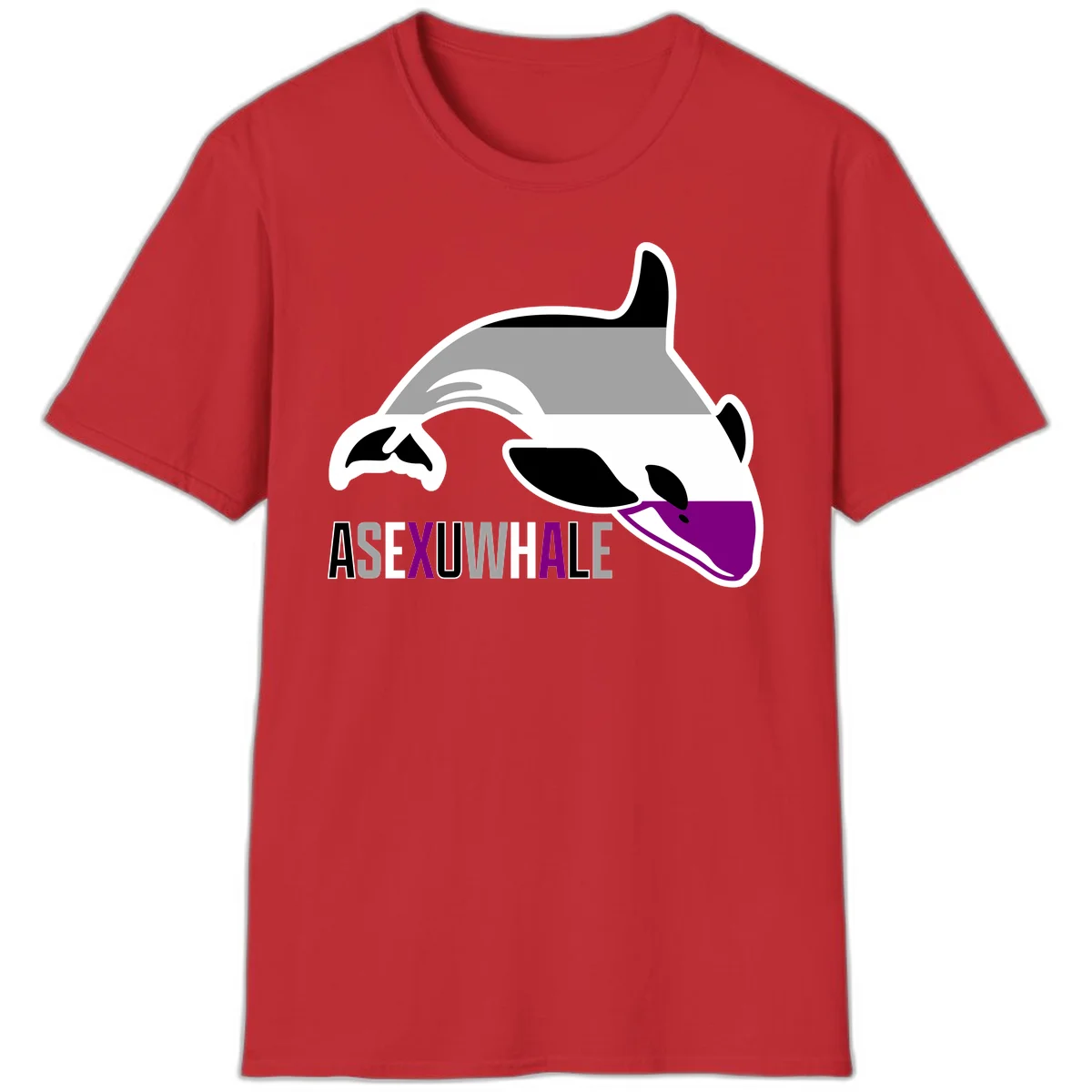 Stylized orca whale with purple accent and water splash, text reads 'ASEXUAL WHALE' in bold letters in Red