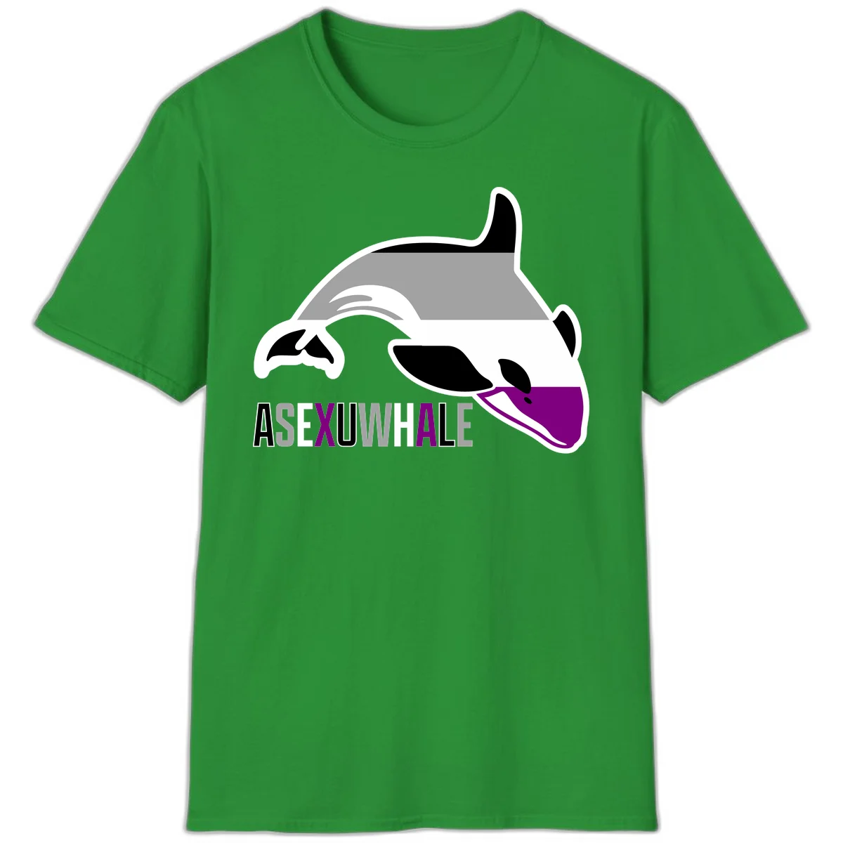 Stylized orca whale with purple accent and water splash, text reads 'ASEXUAL WHALE' in bold letters in Irish Green