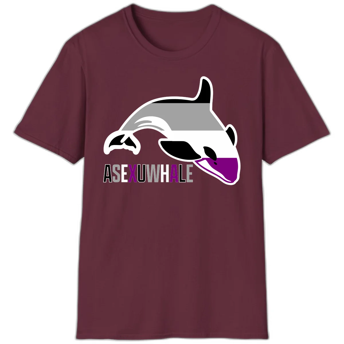 Stylized orca whale with purple accent and water splash, text reads 'ASEXUAL WHALE' in bold letters in Maroon