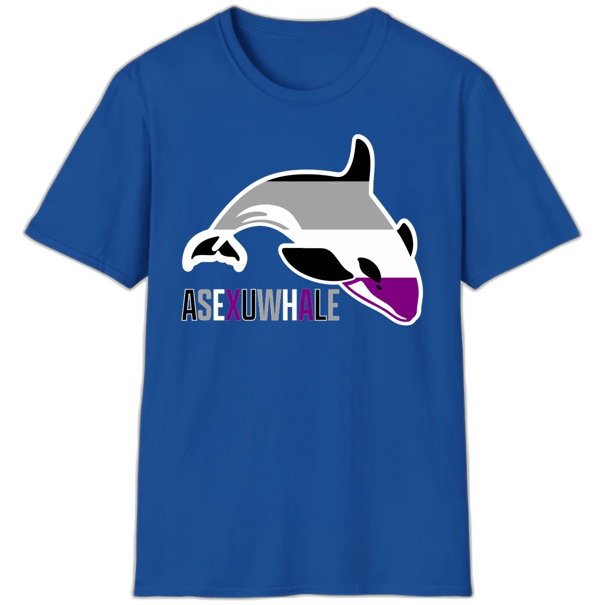 Stylized orca whale with purple accent and water splash, text reads 'ASEXUAL WHALE' in bold letters in Royal
