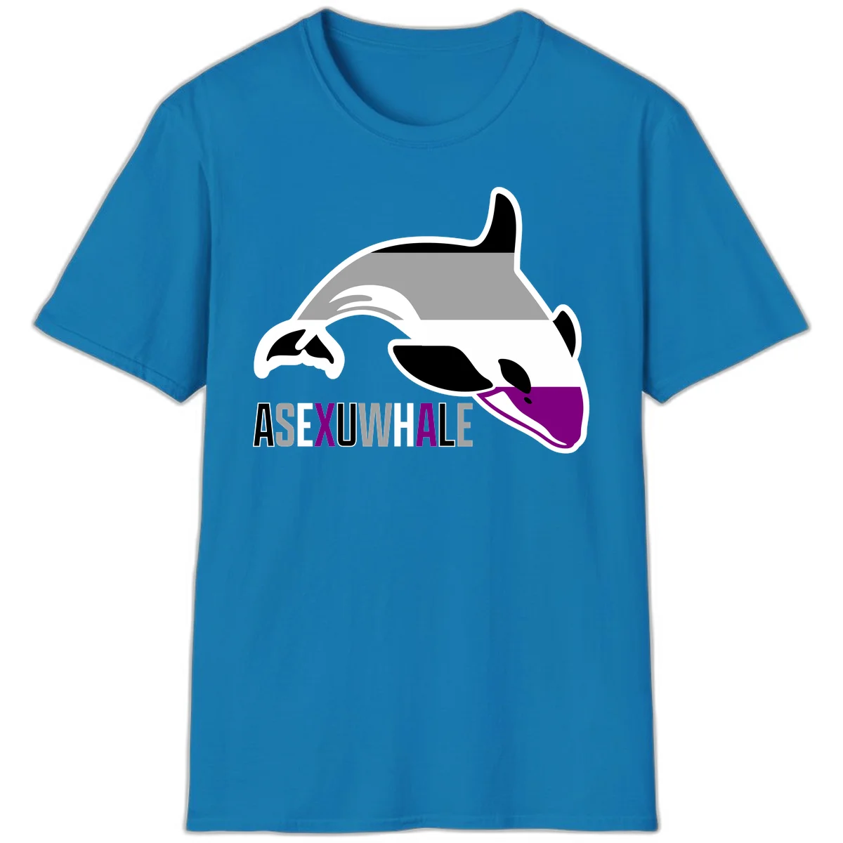 Stylized orca whale with purple accent and water splash, text reads 'ASEXUAL WHALE' in bold letters in Sapphire