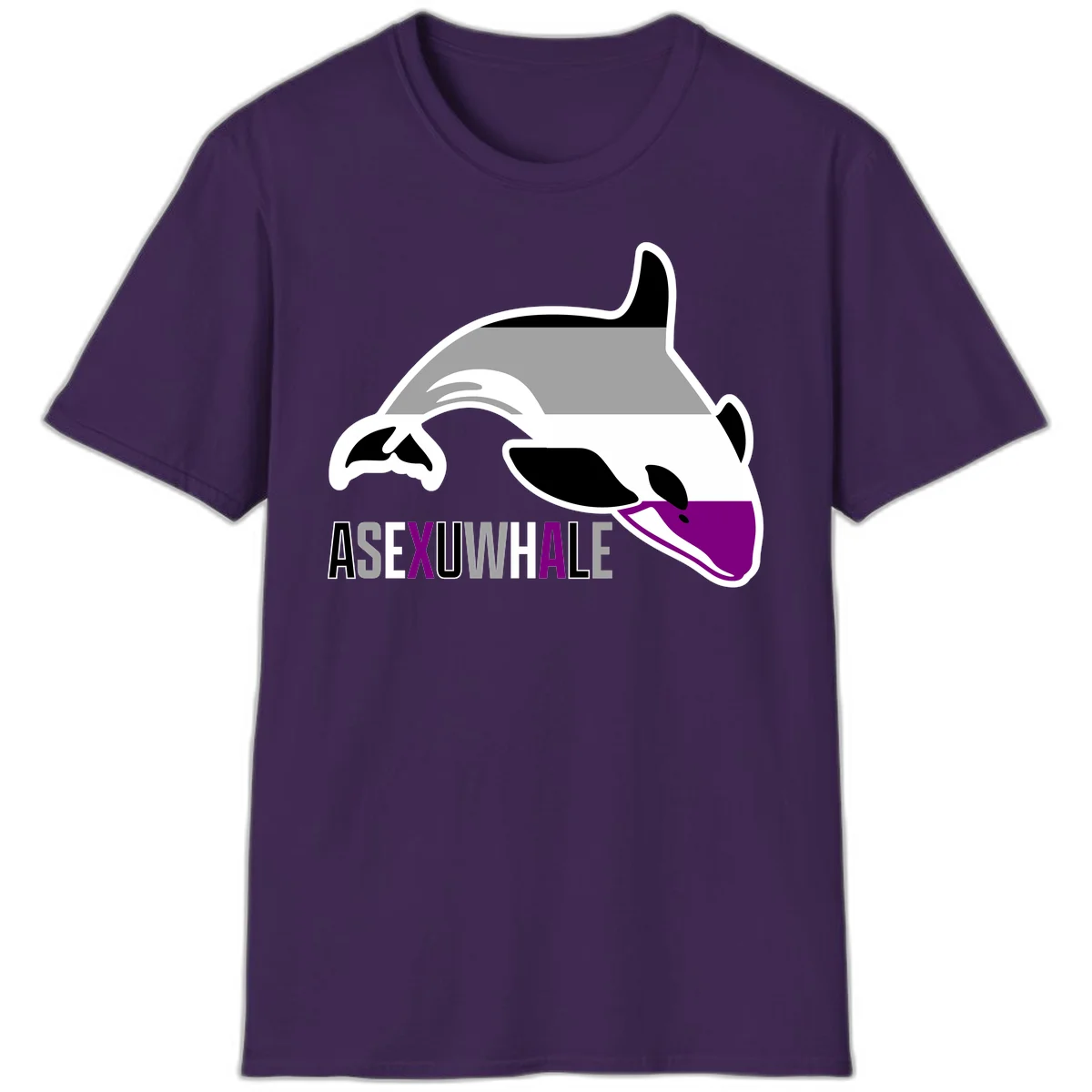Stylized orca whale with purple accent and water splash, text reads 'ASEXUAL WHALE' in bold letters in Purple