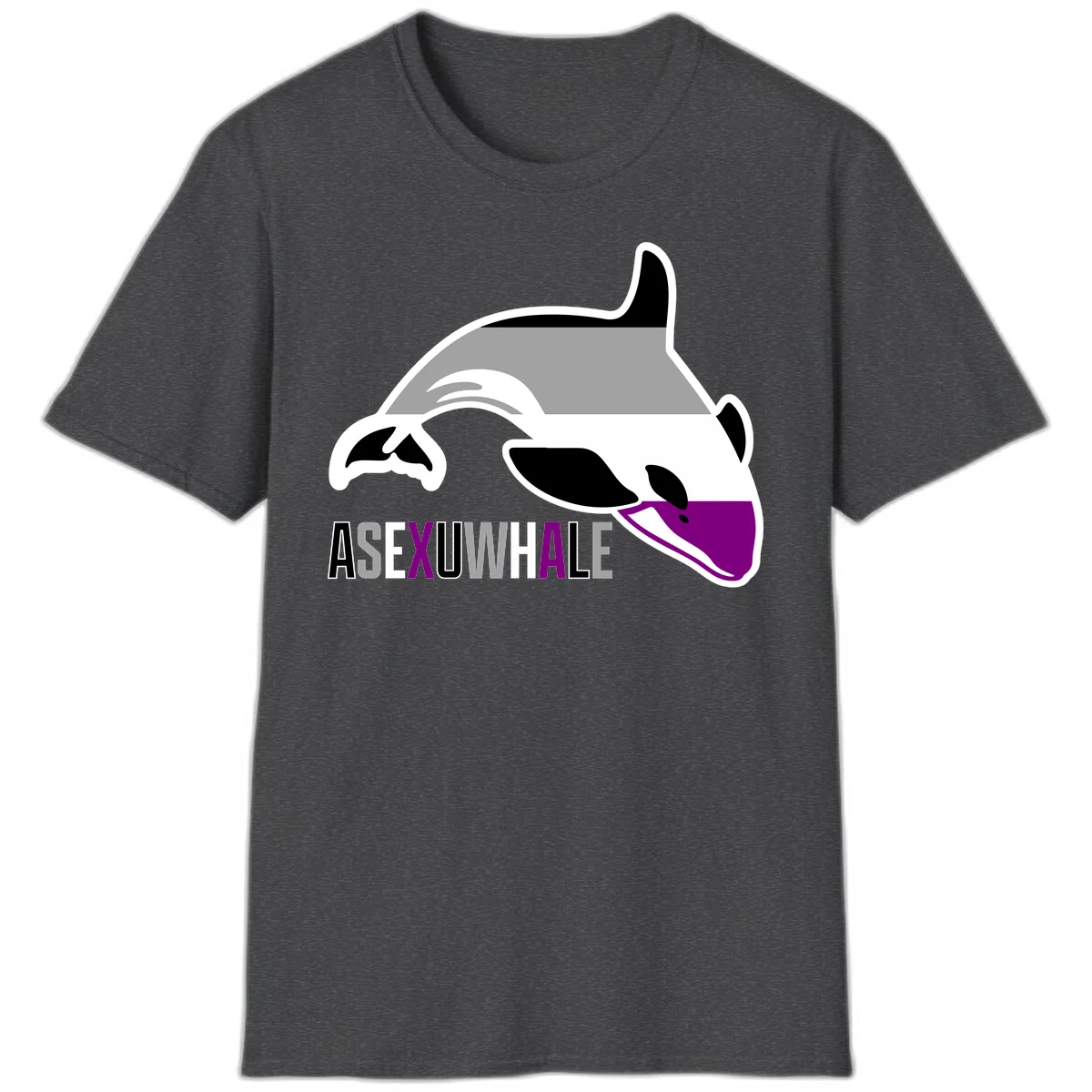 Stylized orca whale with purple accent and water splash, text reads 'ASEXUAL WHALE' in bold letters in Dark Heather