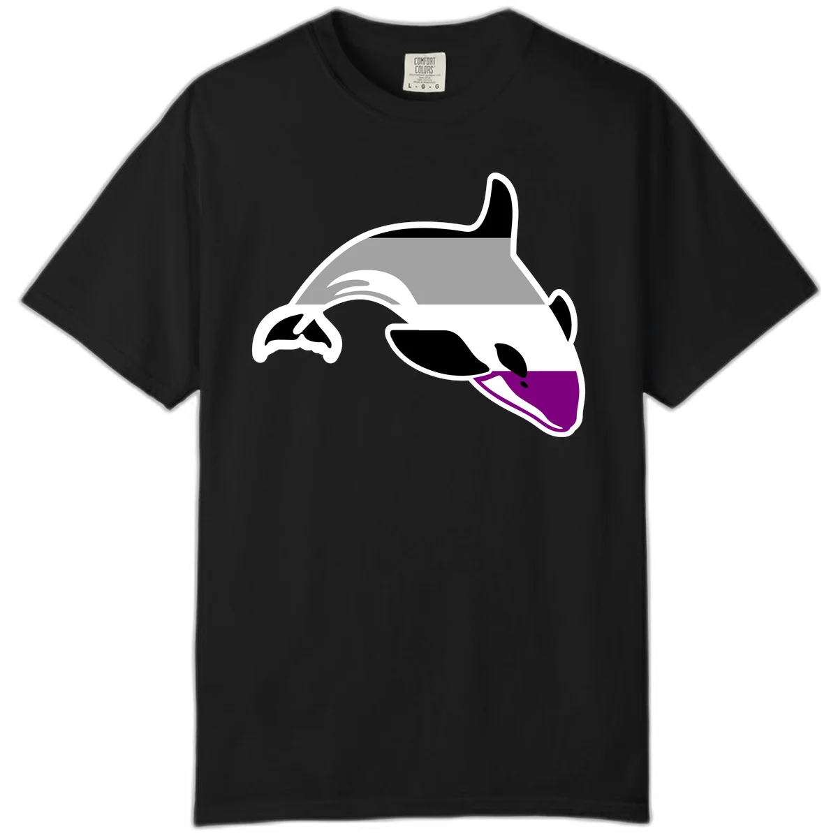 Minimalist line-art illustration of an orca whale in profile with white outlines, black markings, and a purple accent on the lower jaw in Black