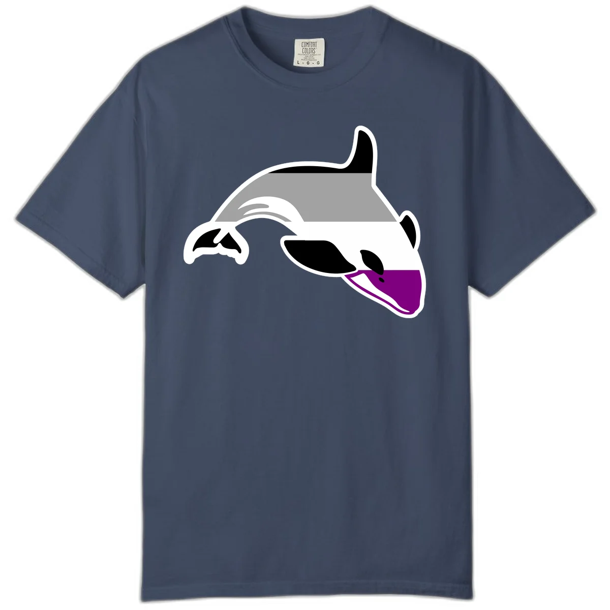 Minimalist line-art illustration of an orca whale in profile with white outlines, black markings, and a purple accent on the lower jaw in Midnight