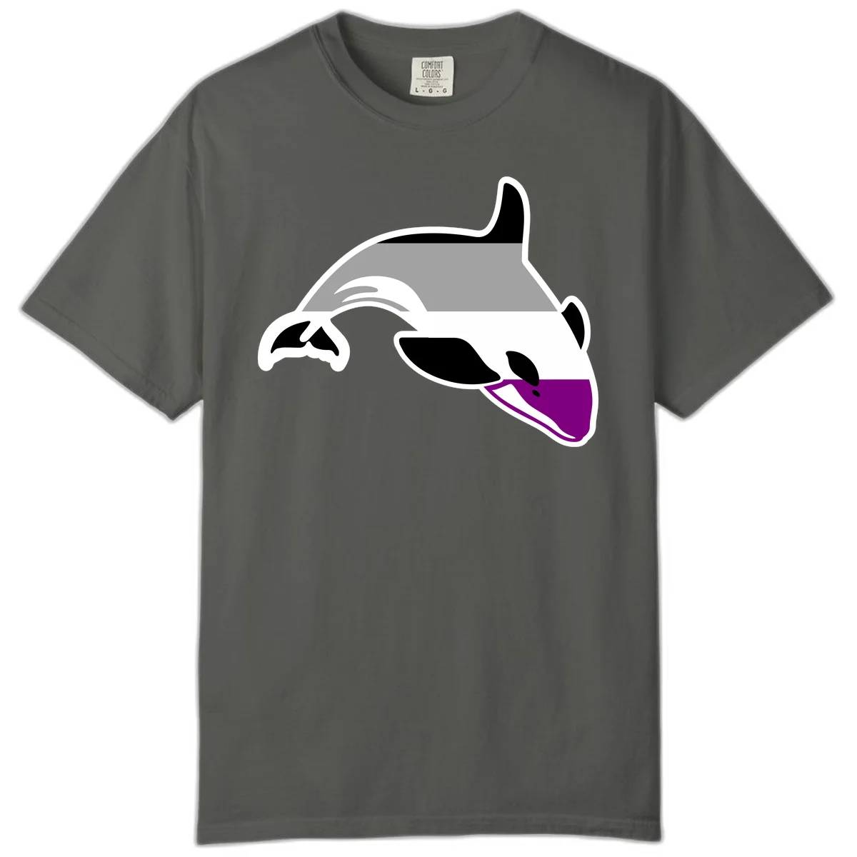 Minimalist line-art illustration of an orca whale in profile with white outlines, black markings, and a purple accent on the lower jaw in Pepper