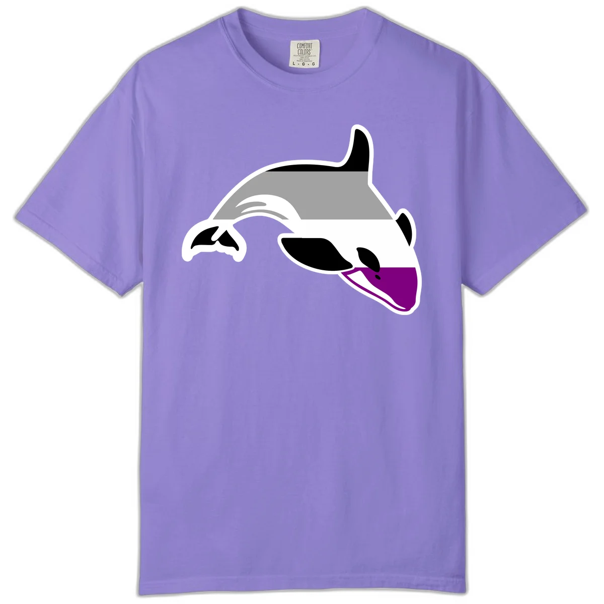 Minimalist line-art illustration of an orca whale in profile with white outlines, black markings, and a purple accent on the lower jaw in Violet