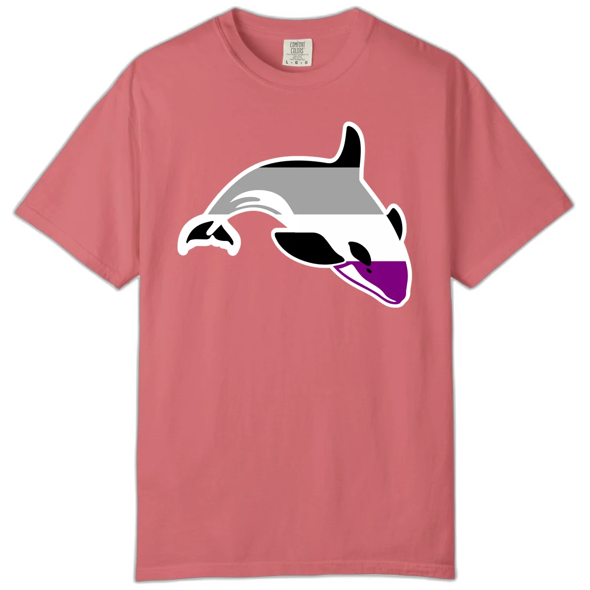 Minimalist line-art illustration of an orca whale in profile with white outlines, black markings, and a purple accent on the lower jaw in Watermelon