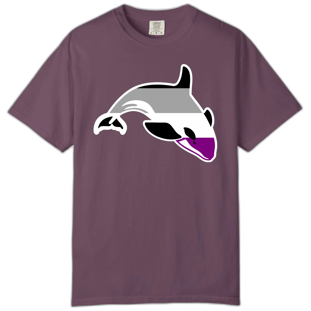 Minimalist line-art illustration of an orca whale in profile with white outlines, black markings, and a purple accent on the lower jaw in Berry