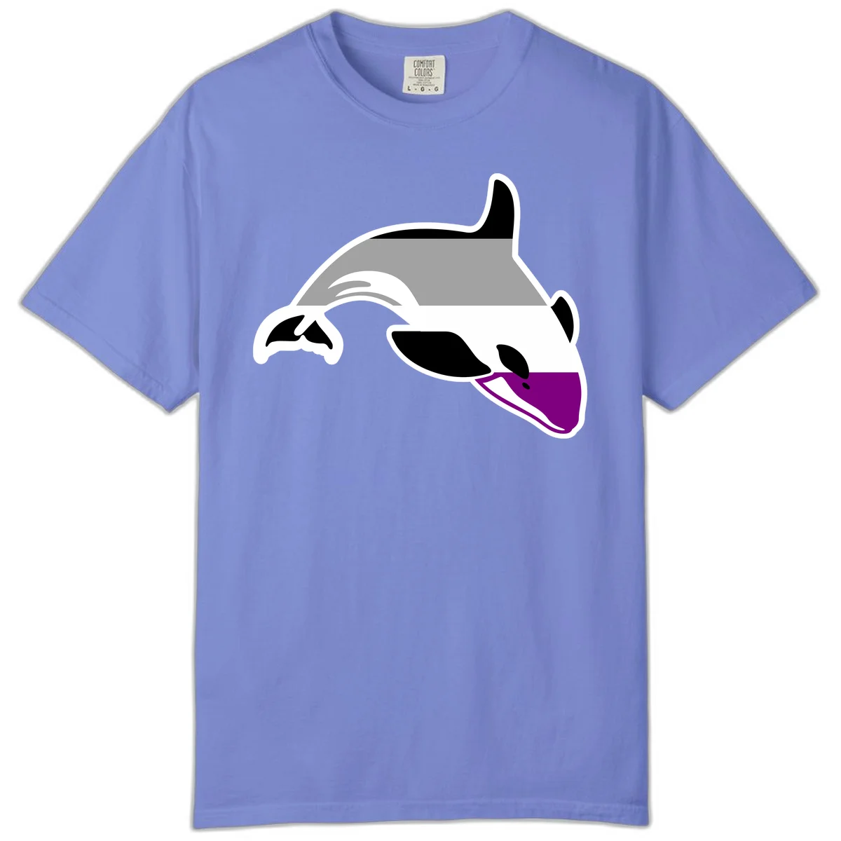 Minimalist line-art illustration of an orca whale in profile with white outlines, black markings, and a purple accent on the lower jaw in Flo Blue