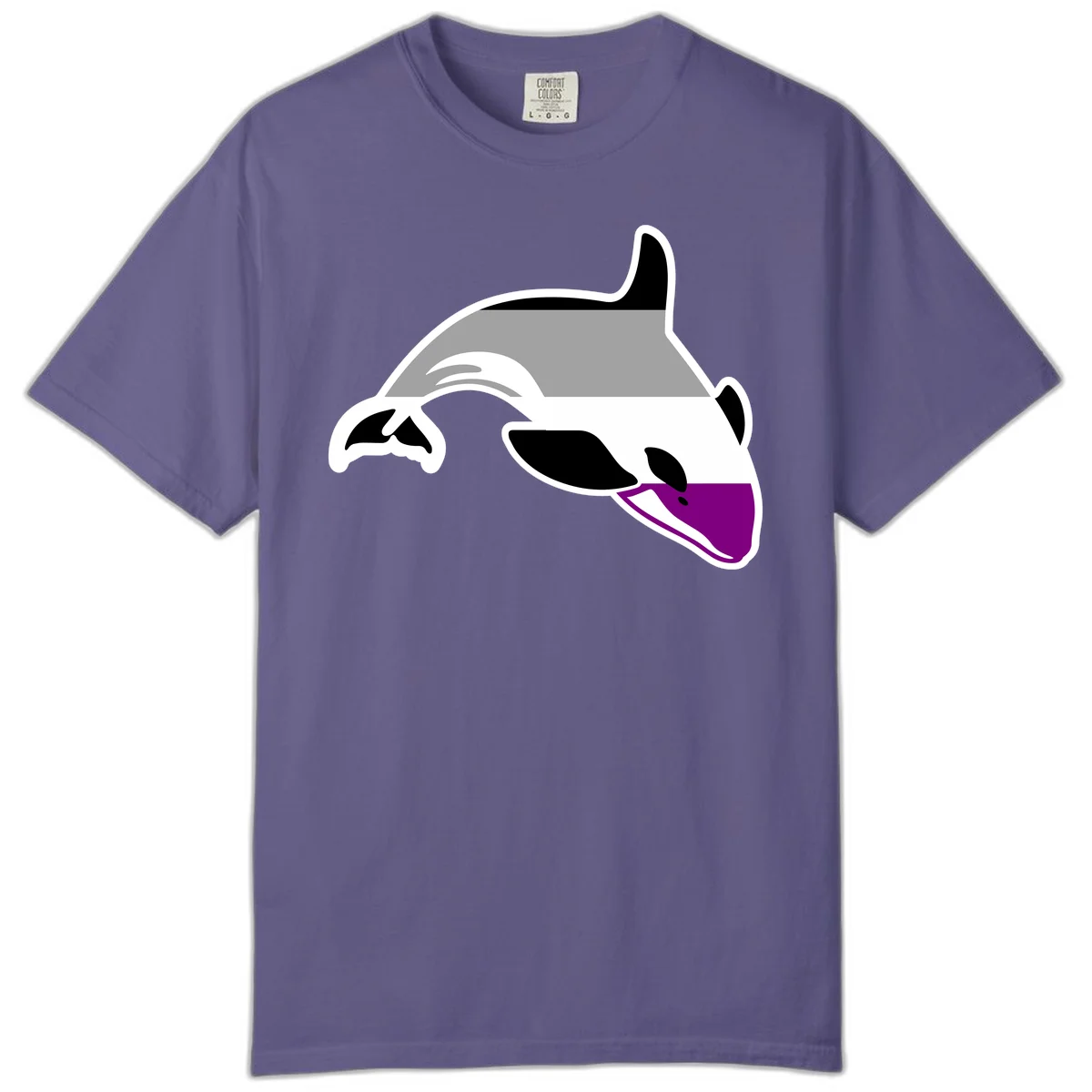 Minimalist line-art illustration of an orca whale in profile with white outlines, black markings, and a purple accent on the lower jaw in Grape