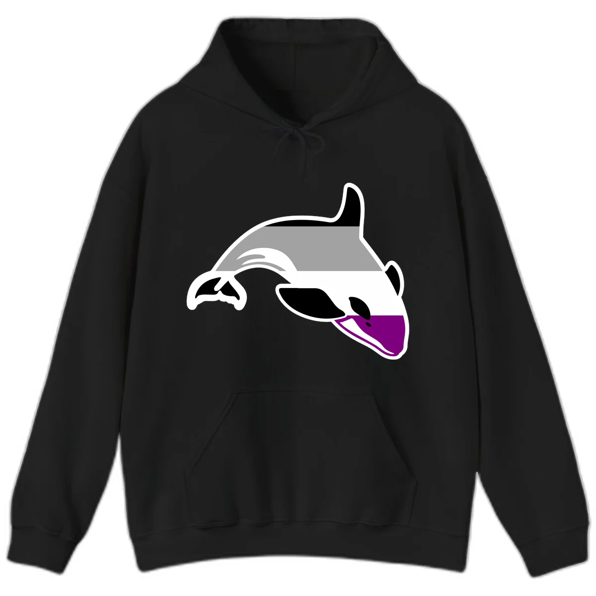 Minimalist line-art illustration of an orca whale in profile with white outlines, black markings, and a purple accent on the lower jaw in Black